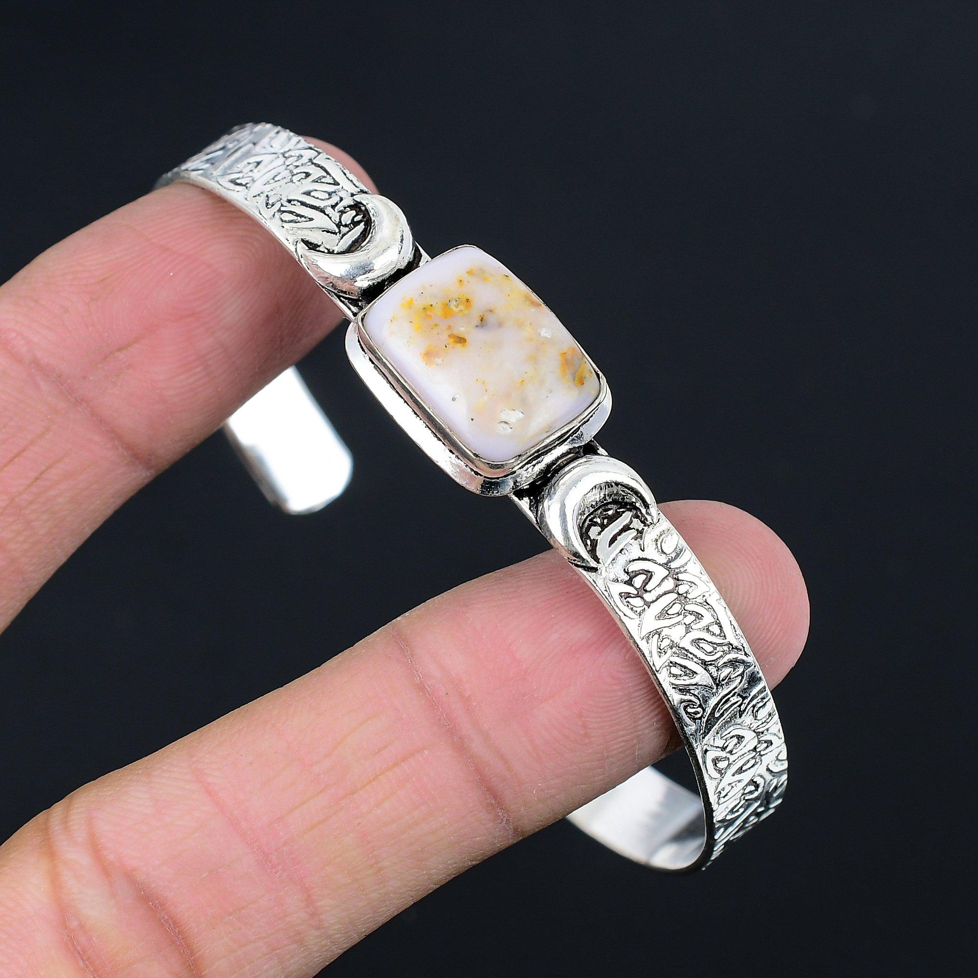 

Gift For Her 925 Silver Natural Pink Opal Bangle Crescent Moon Adjustable Adjustable