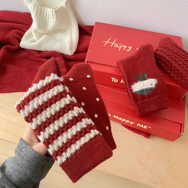 Women's Red Wool Mid-Calf Socks: Winter Warmth, New Year & Christmas Gift