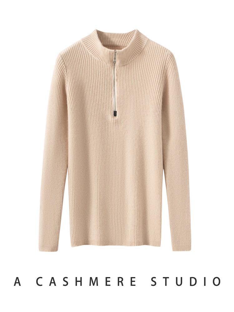 Women's Cashmere Half-High Collar Zipper Pullover Sweater - Autumn & Winter Collection