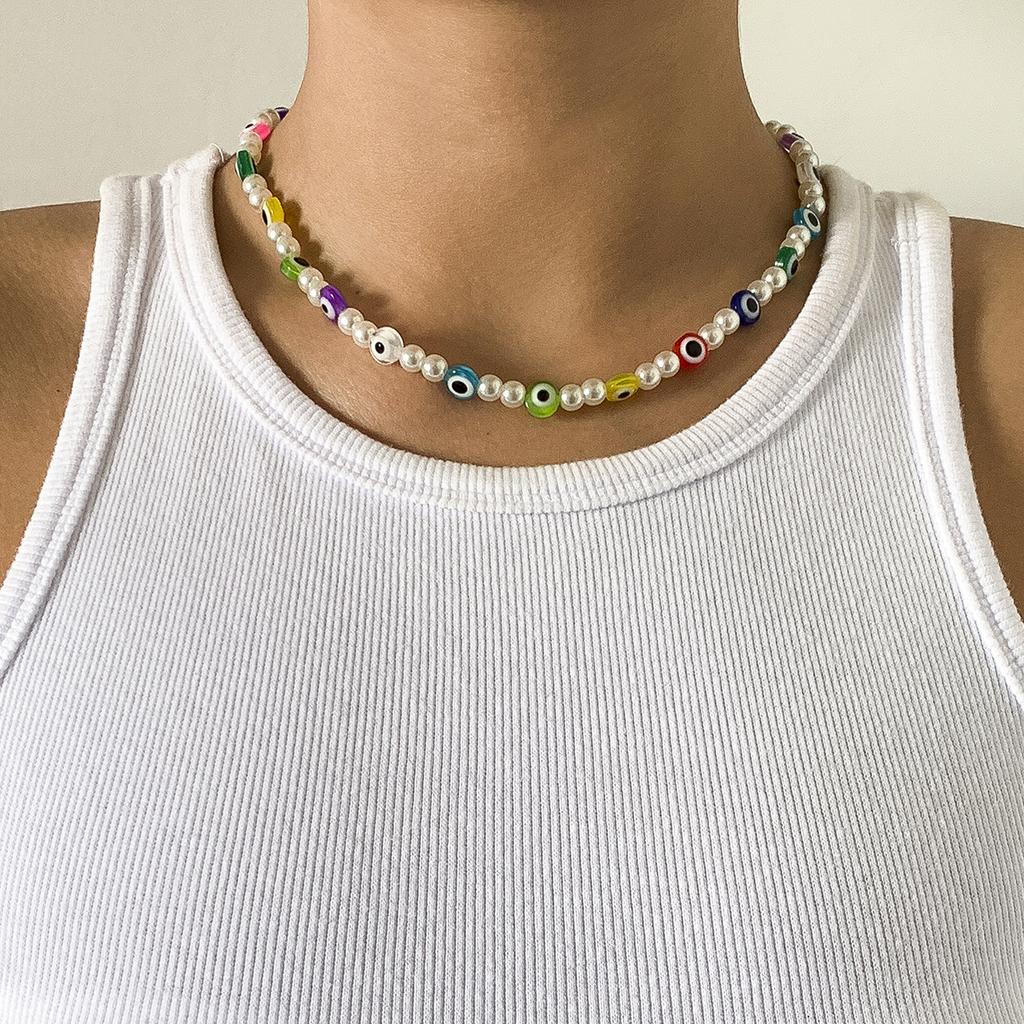 Personalized Eye Mix And Match Color Single-Layer Necklace, Creative Geometric Imitation Pearl Necklace For Women
