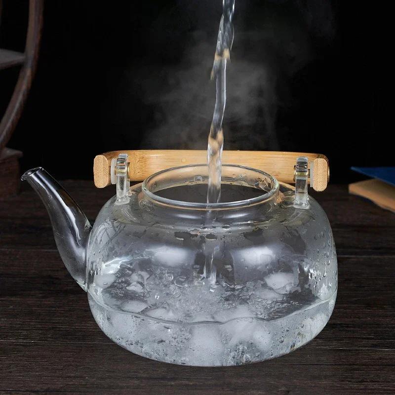 1000ml Glass Teapot Chinese Tea Ceremony Clear Teapot with Filter Wood Handle for Electric Ceramic Stove Home Office Tea Maker