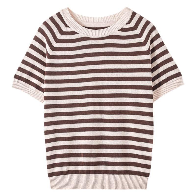 IHUASU Striped Cotton T-shirt Women's Summer Pullover Loose Versatile Half-sleeved Knitted Bottoming Shirt Short-sleeved