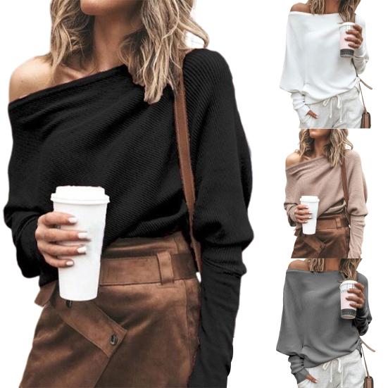Women Sweater Off Shoulder Raglan Sleeve Pullover Knitted All Match One Shoulder Top for Daily Wear
