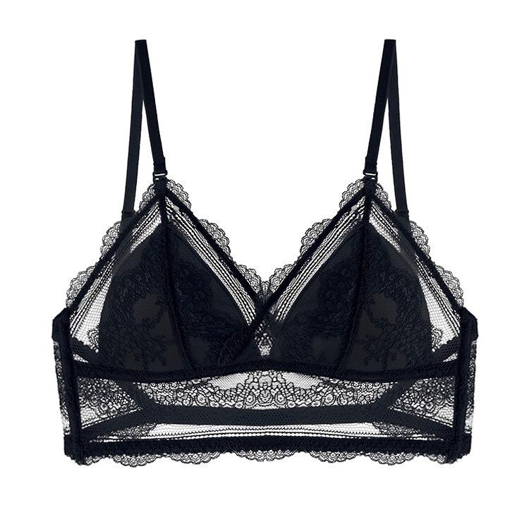 French Women's Sexy Rimless Triangle Cup Big Halter Hollowed Lace Underwear Girl Strap Back Bra