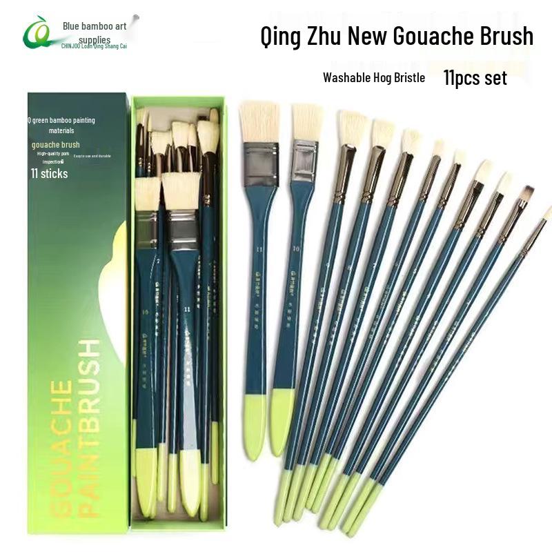Blue Bamboo Watercolor & Oil Brush Set: Green-Tipped Pig Bristle Fan Brushes for Art Students Green Gouache Brush Set (11 pieces)
