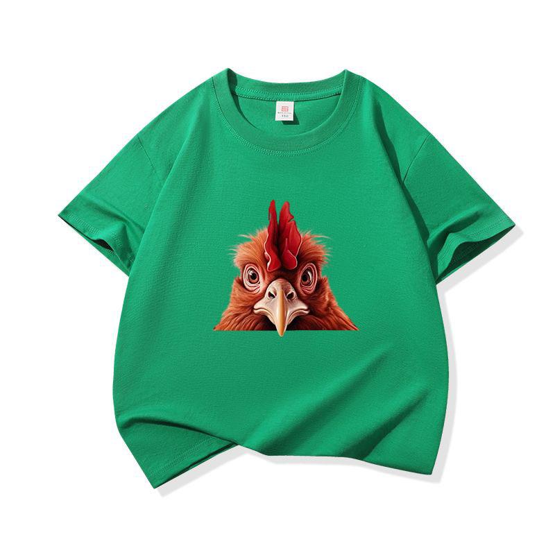 Kids Cotton T Shirt Cute Peeking Chicken Print Crew Neck Short Sleeve Tee Casual Breathable Boys Girls Summer Tops