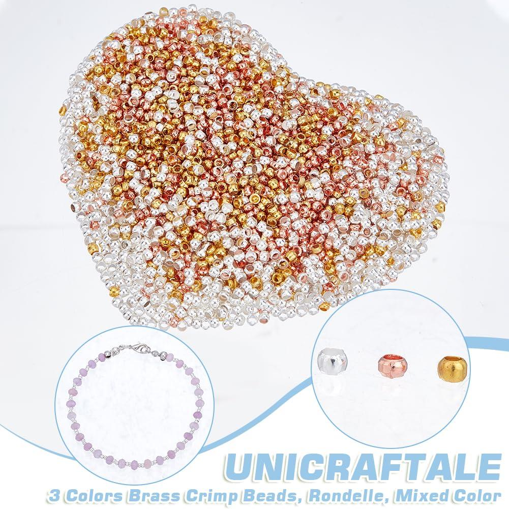 3000Pcs 3 Colors Brass Crimp Beads, Rondelle, Mixed Color, 2x1.2mm, Hole: 1.2mm, 1000pcs/color