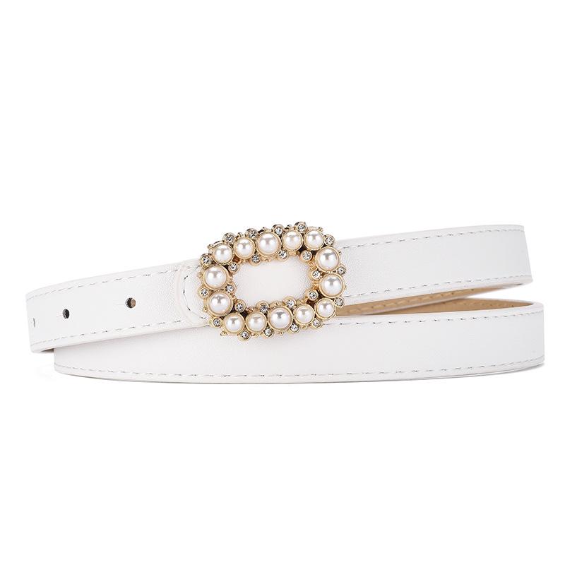 Pearl-Inlaid Ladies' Thin Waistband Fashionable Leather Belt with Decorative Plate Buckle