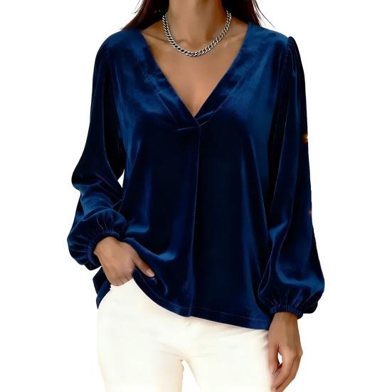 Women Tops V Neck Lantern Long Sleeve Solid Color Casual Tops Loose