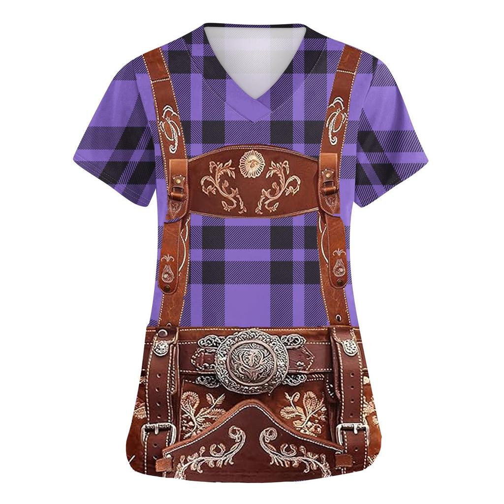 Women's V Neck Short Sleeve Work Shirt with Pockets Oktoberfest Print Top Nursing Uniform Comfortable Fit Durable Material