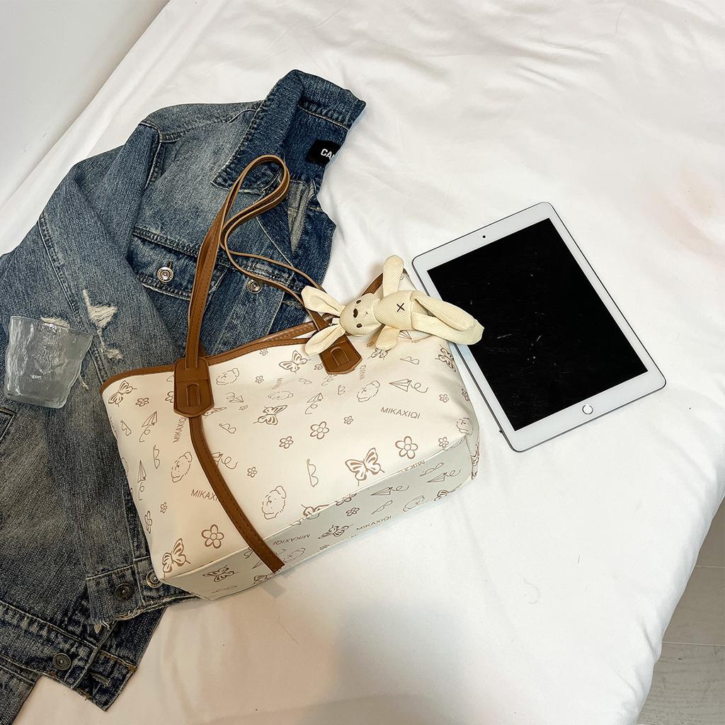 Women's Cute Rabbit Pendant Shoulder Bag PU Tote with Cartoon Print & Zipper for Daily Commute & Shopping Storage Bag