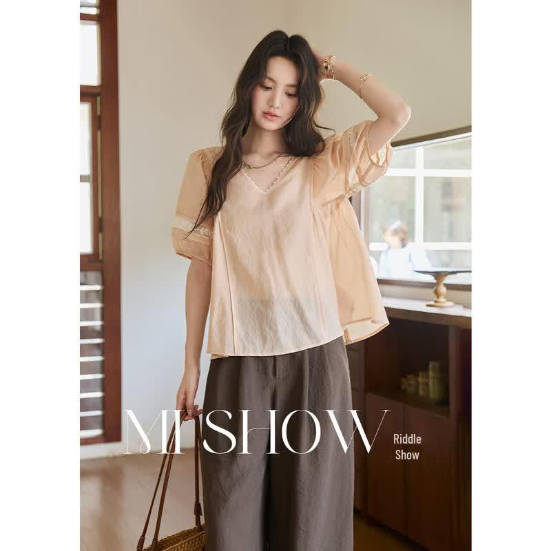 Mishow Breathable Lace Patchwork V-Neck Top M
