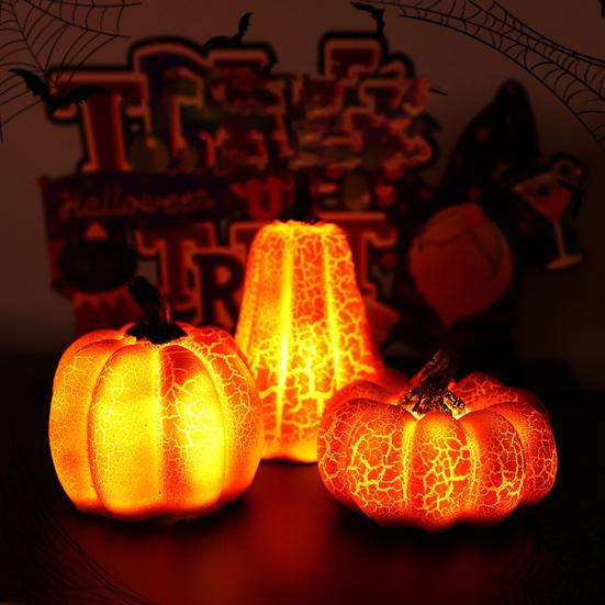 Cracked Pumpkin Figurine Halloween Light-up Pumpkin Sculpture Resin Fall Thanksgiving Tabletop Centerpiece for Halloween Autumn Harvest Home Decor