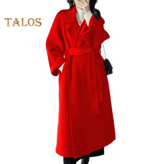 

Женское зимнее пальто с поясом, отложным воротником и карманами, однотонный кардиган средней длины, термобелье с длинными рукавами, для поездок на работу и свиданий, зимнее пальто M красный