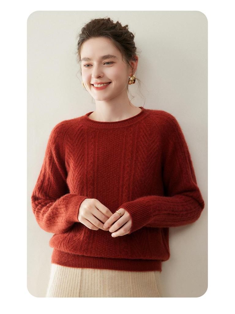 Women's Cashmere Raglan Cable Knit Sweater - 7-Gauge Double-Strand, Round Neck, Rolled Edge, Extra-Thick, Long-Sleeve Pullover.
