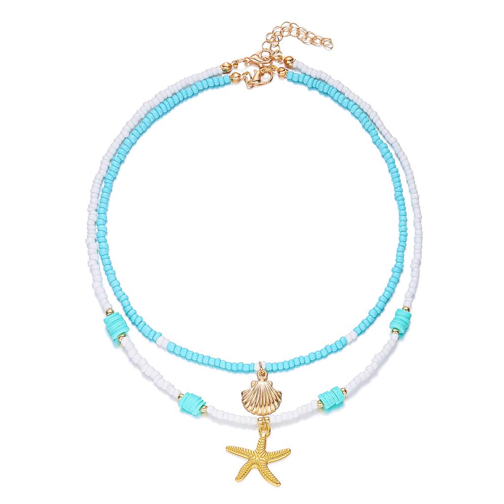 Starfish Shell Beaded Double Layer Pendant Necklace Bohemian Style Beach Vacation Accessory Women's Versatile Necklace