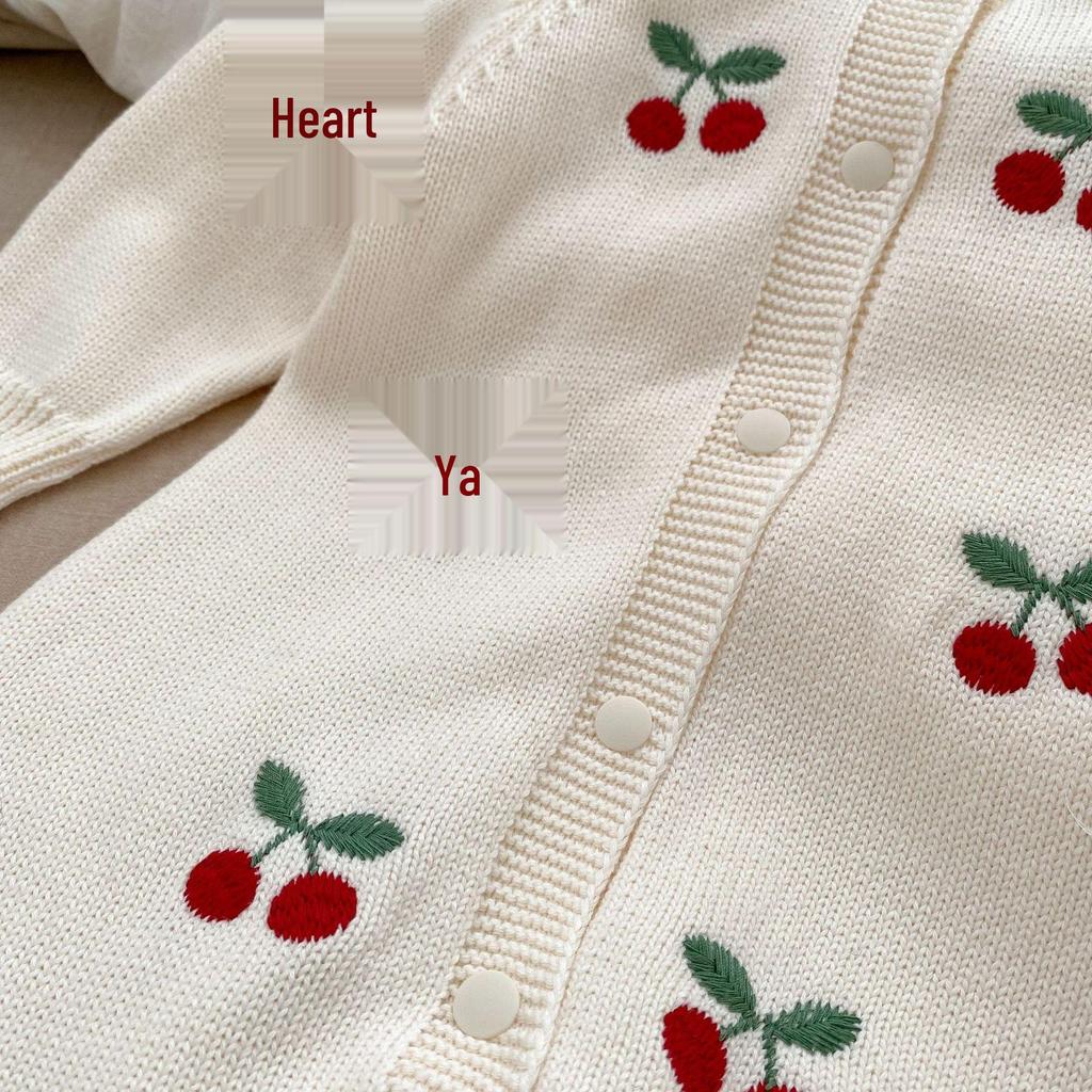 Frühling/Herbst 2025 Baby Kirsche Strick Strampler Set - Niedliches Baumwoll Latzhose Bubble Outfit