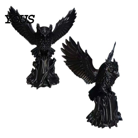 Decorative Sculpture for Tea Table Owl On Tree Stump Figurine, 3D Printed Animal Sculpture, Collectible Matte Black Dark Ornament Home Office