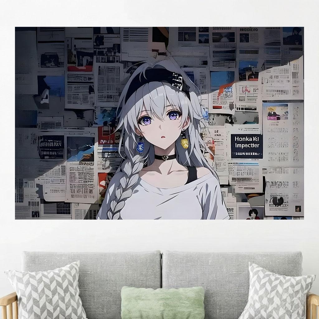 Anime Girl Tapestry Long Silver Braid Anime Girl Purple Eyes Game Character Wall Hanging Indie Cool Room Background Decor