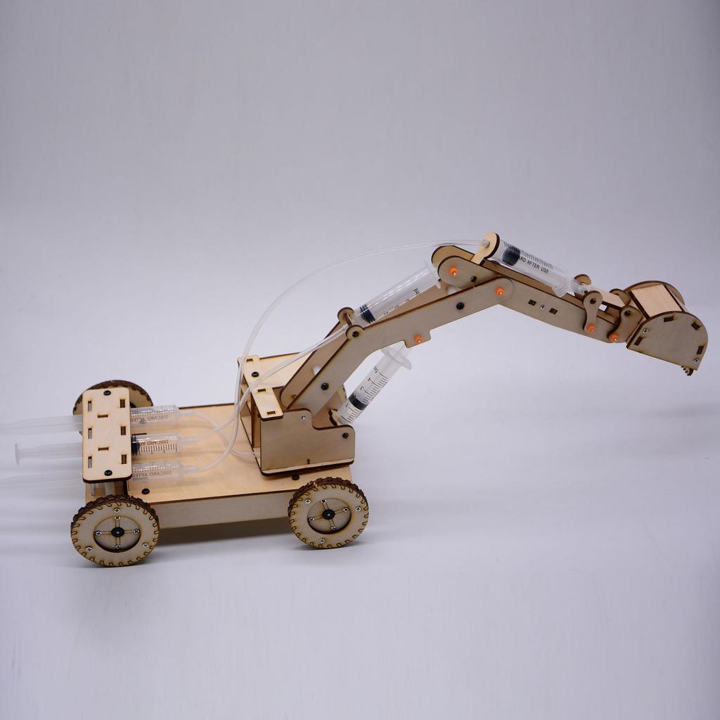 Wooden Hydraulic Excavator Model No.2 DIY Steam Experiment Set with Rotatable Wheels - Scientific Small Production Kit