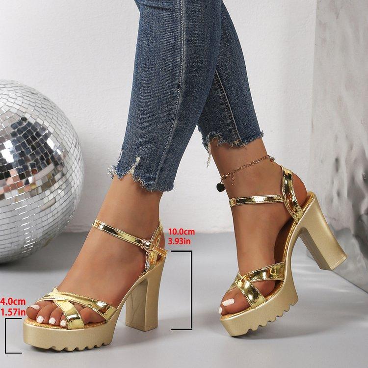 Fashion Gold Silver Wedding Women Platform Sandals High Chunky Heels Mirror PU Sexy Casual Party Lady Ankle Strap Gladiator Shoes