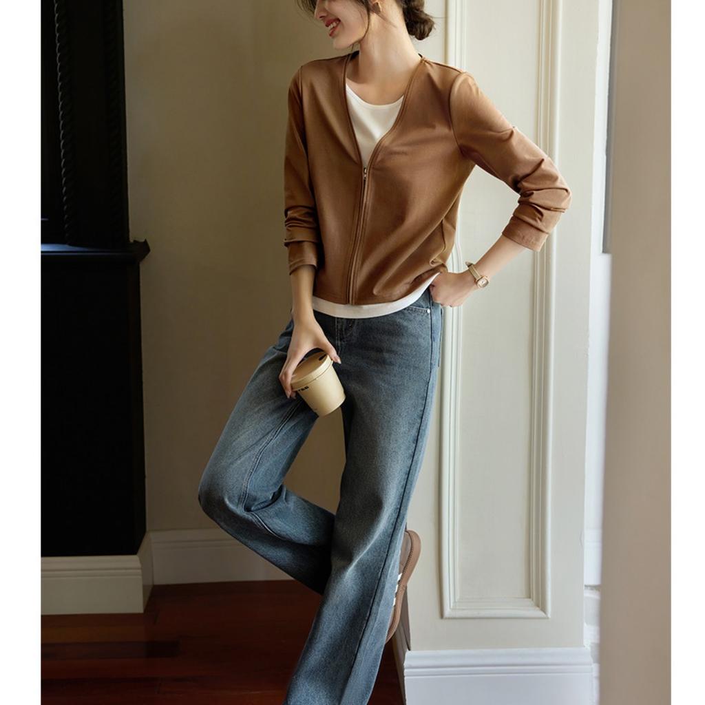 All-match Intellectual Zipper-style Fake Two-piece Contrasting Long-sleeved T-shirt Autumn Two-piece Long-sleeved T-shirt