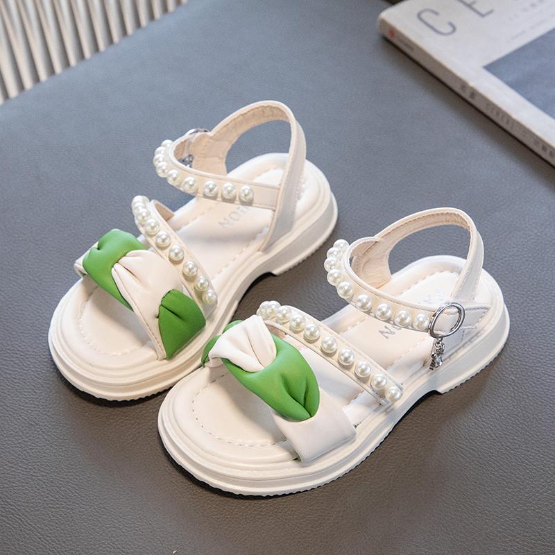 Children Sandals for Girls Kids Fashion Pleated with Pearls Open-toe Versatile Flat Non-slip Princess Shoes Casual 2024 Summer