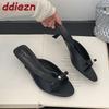 Fashion Fashion Metal Women Low Heel Slippers Slides Female Round Toe Footwear Butterfly-Knot Ladies Heeled Slippers Sandals Shoes Pumps