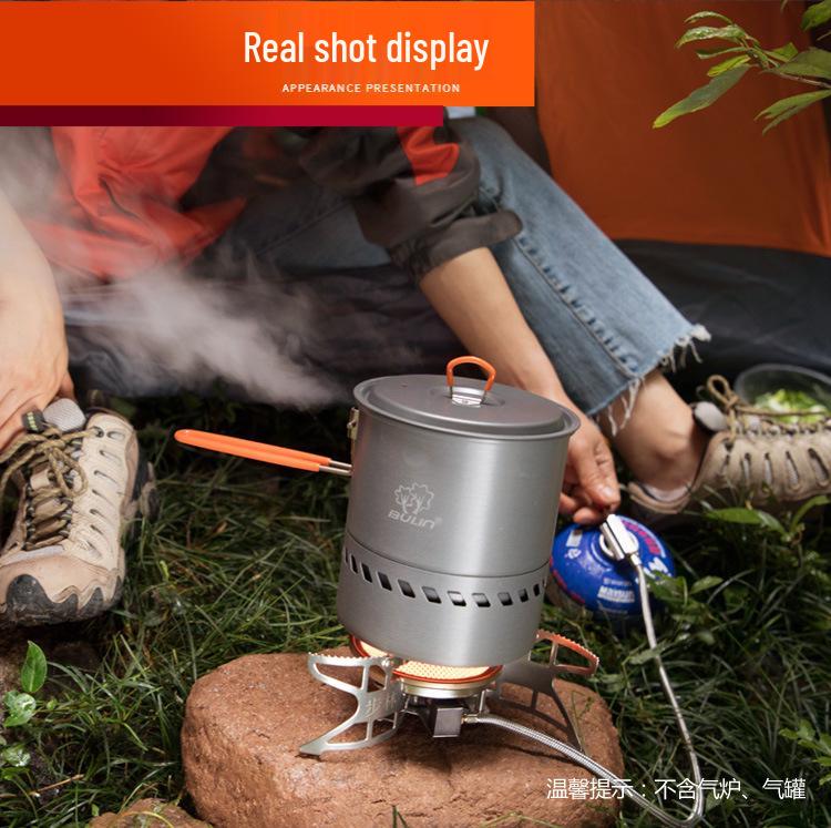 Set de vase portabile pentru camping: Oală care colectează căldura, Ceainic și Arzător cu cartuș