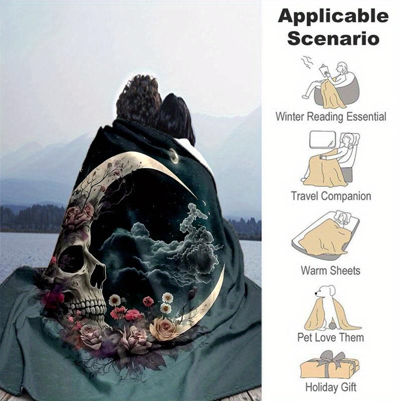 1pc Moonlit Skull Cartoon Blanket Cute Animal Design for Room Decor, Soft Perfect As Birthday Gift, Living Room, Travel, Camping