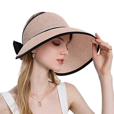 Chapéus de Sol Femininos de Verão de Aba Larga Proteção UV Laço Palha Vazada Ajustável Senhoras Chapéu de Praia Dobrável