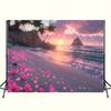 Dreamy Pastel Beach Tapestry, Enchanted Sunset Shore with Pink Petals and Sparkling Waves, Whimsical Coastal Wall Art