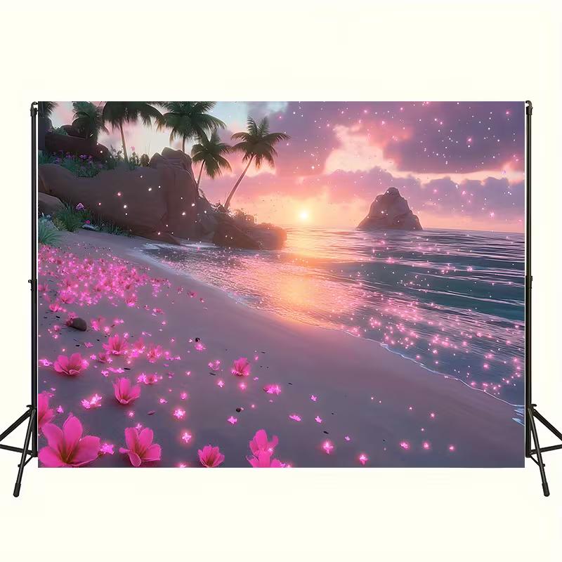 Dreamy Pastel Beach Tapestry, Enchanted Sunset Shore with Pink Petals and Sparkling Waves, Whimsical Coastal Wall Art