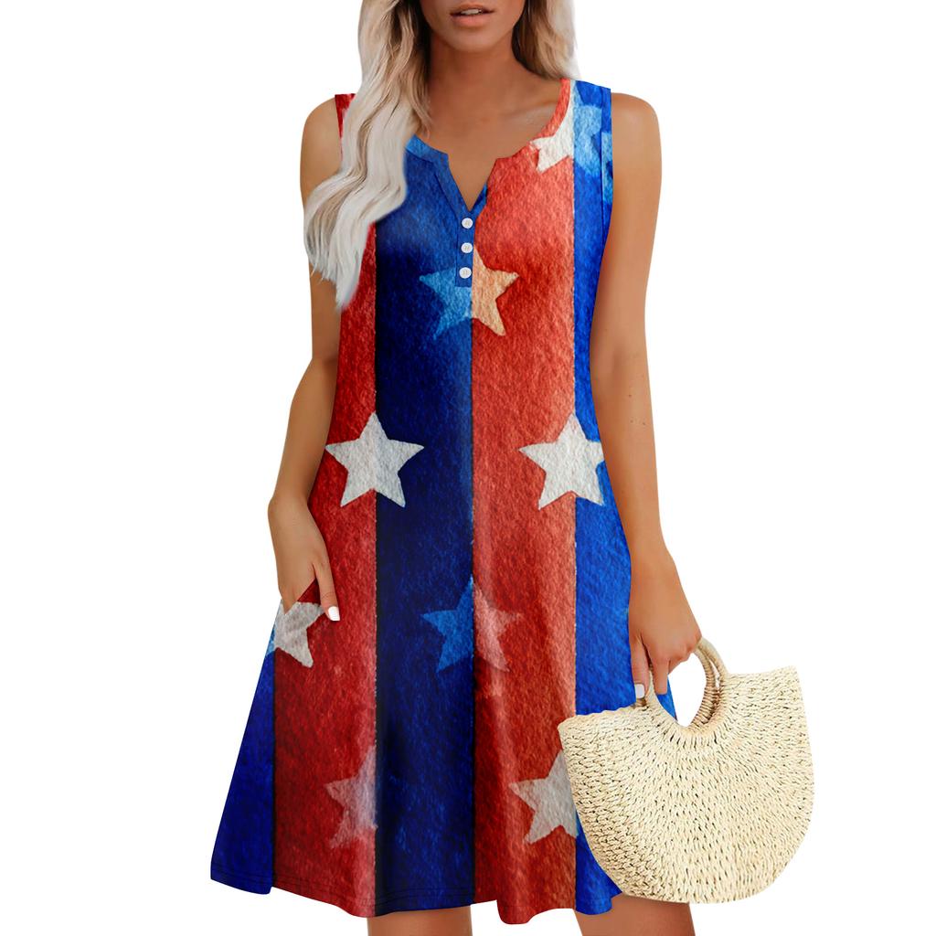 Damen Sommerkleider Lockeres V-Ausschnitt Ärmelloses Sommerkleid Kleid Mit Taschen