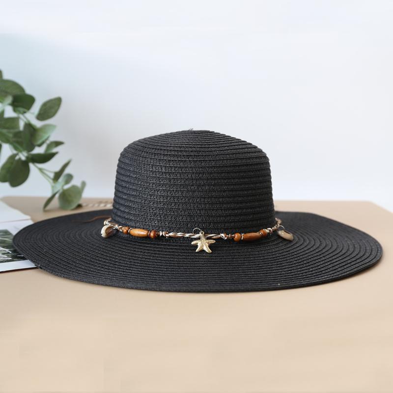 

Summer Shell Strap Straw Hat Beach Korean Seaside Large Brim Outdoor Sun Protection Sun Hat Bohemia Vacation Foldable Straw Hat brim 11cm чорний