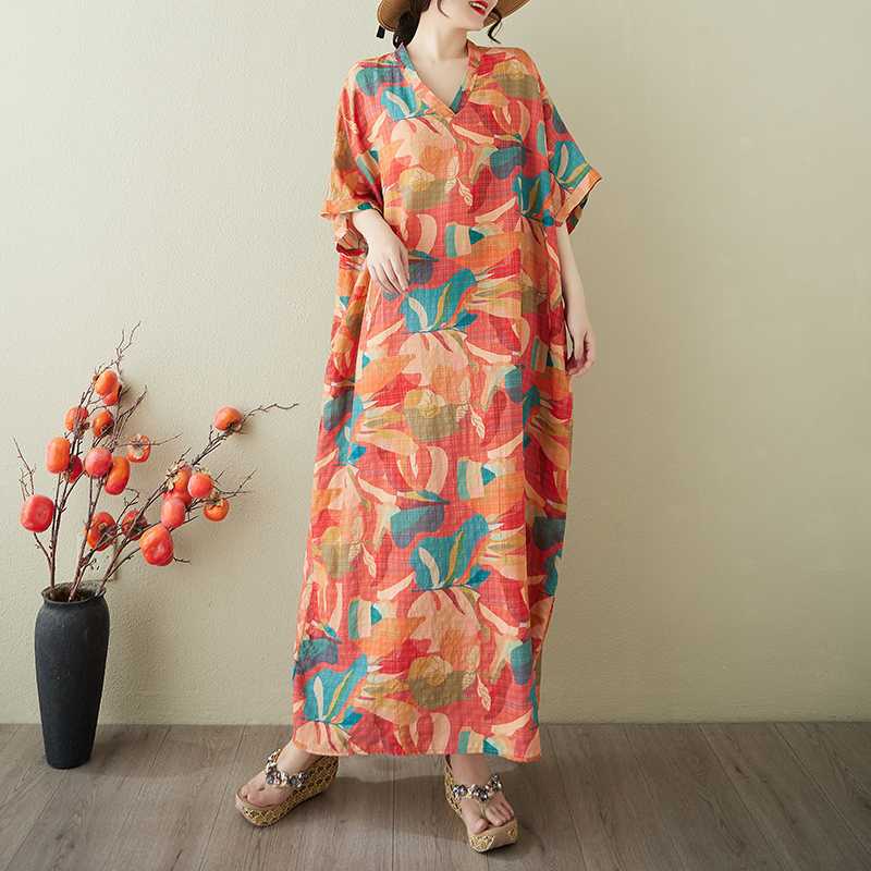 Women's Vintage Long Dress with Cotton and Linen Patterns