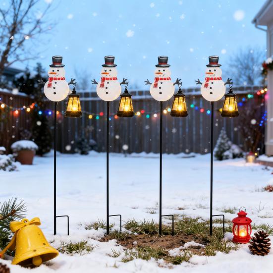 Solar Christmas Lawn Light Outdoor Lighted Santa Claus Garden Stake Metal Snowman Sign with Solar Lantern Waterproof Xmas Decor for Front Yard