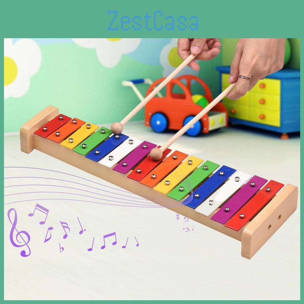 15 Wooden Glockenspiel Note Xylophone Base Colorful Aluminum Bars With 2 Mallets Educational