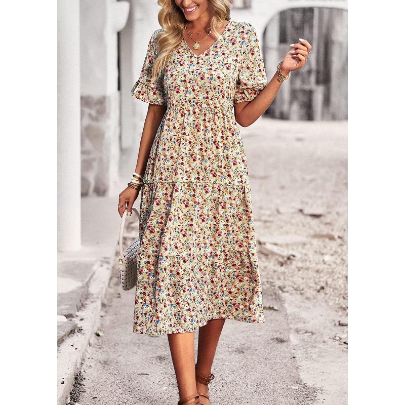 V-neck Short Sleeve Floral Printed Dress Summer Fashion Elegant Loose Long A-line Party Dresses Casual Bohemian Beach Slim Fit Elegant Clothing