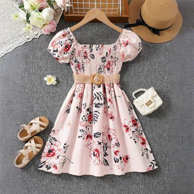 Dress For Girls 8-12Y Birthday Korean Style Fashion Puff Sleeve Floral Print Belted Dress