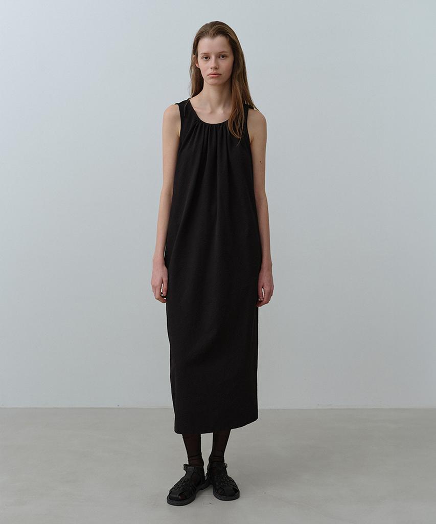 Nau W Seersucker Neck Shirred Dress Black