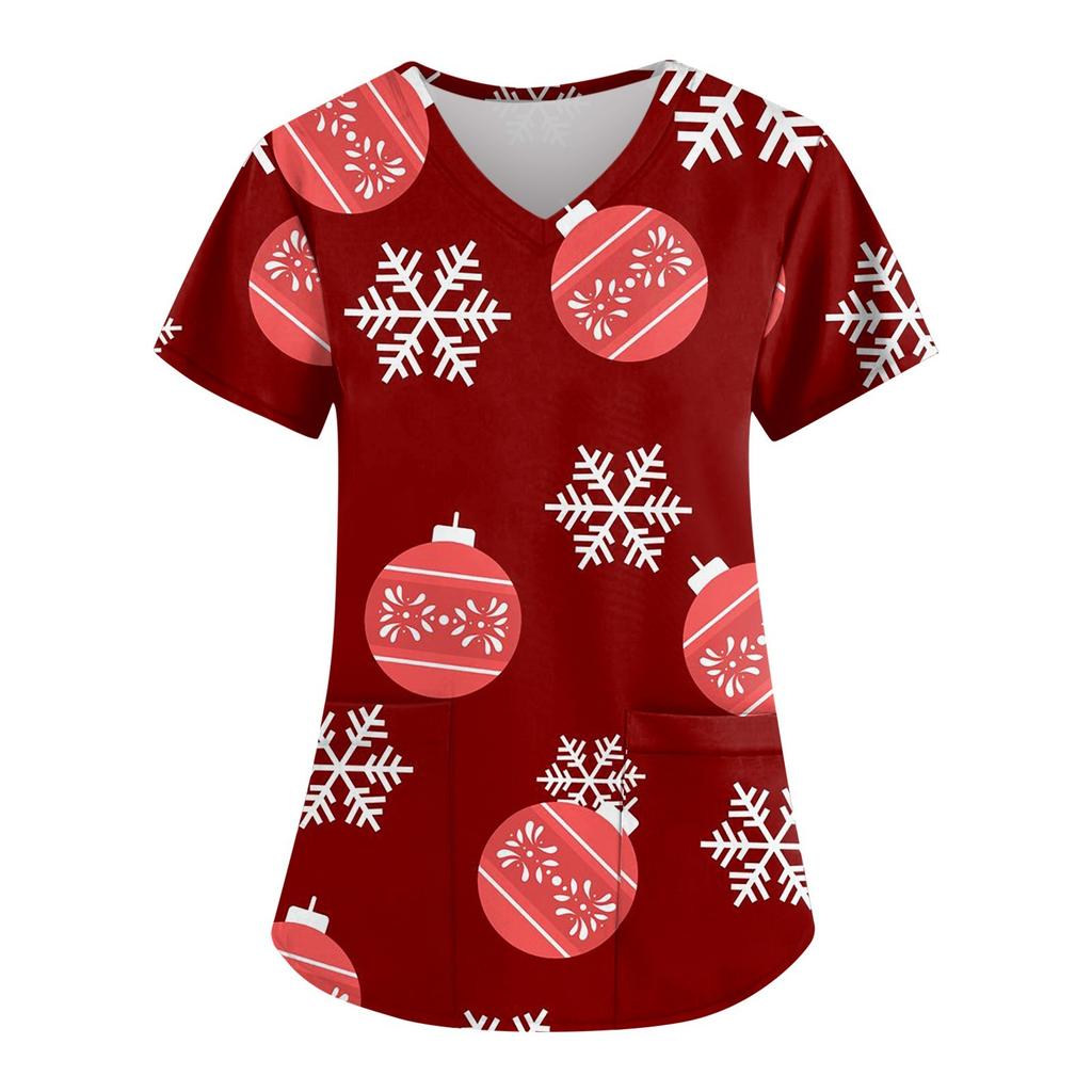 Kvinners mote juletrykt kortermet V-hals topp liten lommearbeid T-skjorte