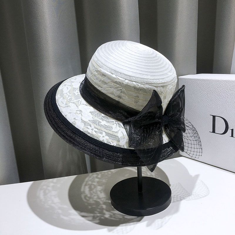 Summer Fashion Lace Mesh Fisherman Hat, Hepburn Style Colorful Retro Bowler Hat Elegant Bow Sun Hat