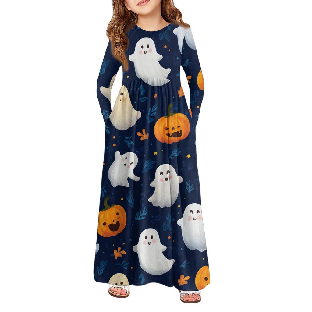 Girls' Maxi Dress Halloween Day- Long Sleeve Pocket Dress