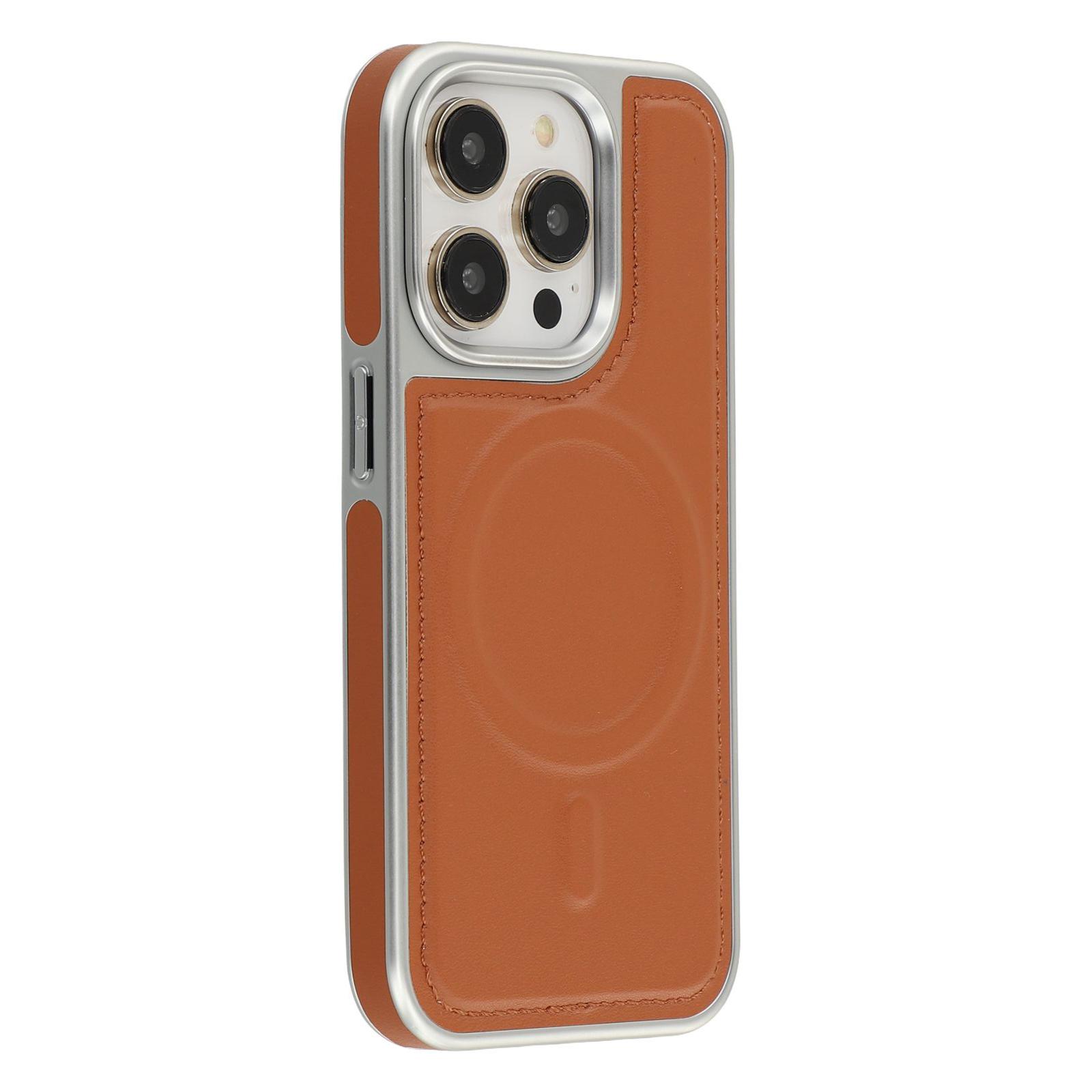 

For iPhone 15 Pro Max Case Compatible with MagSafe Electroplating Edge PU+TPU+PC Phone Back Cover Brown