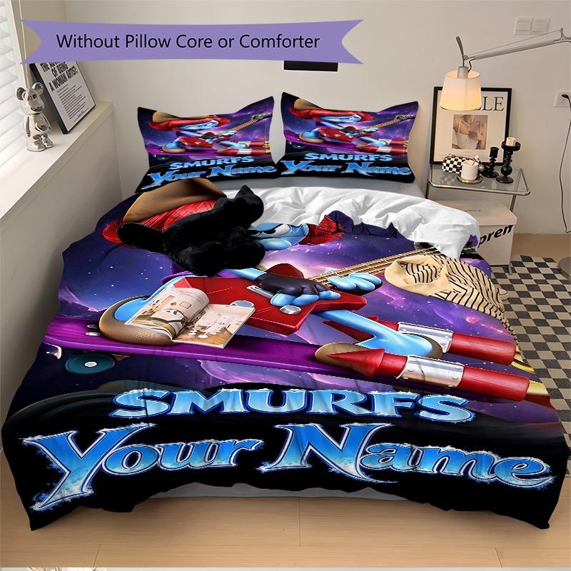 Cosmic Cowboy Smurfette Guitar Bedding Set Personalized Washable Custom 3Pcs Duvet Cover Pillowcases Soft Microfiber Home Bedroom Gift