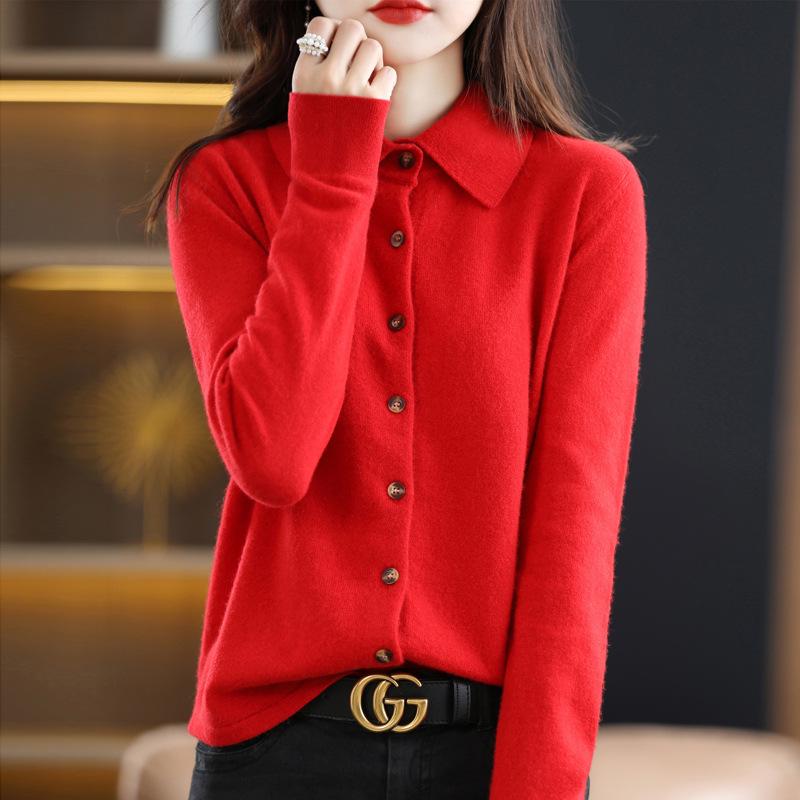 Korean-Style Women's Loose Cashmere Knitted POLO Cardigan Sweater