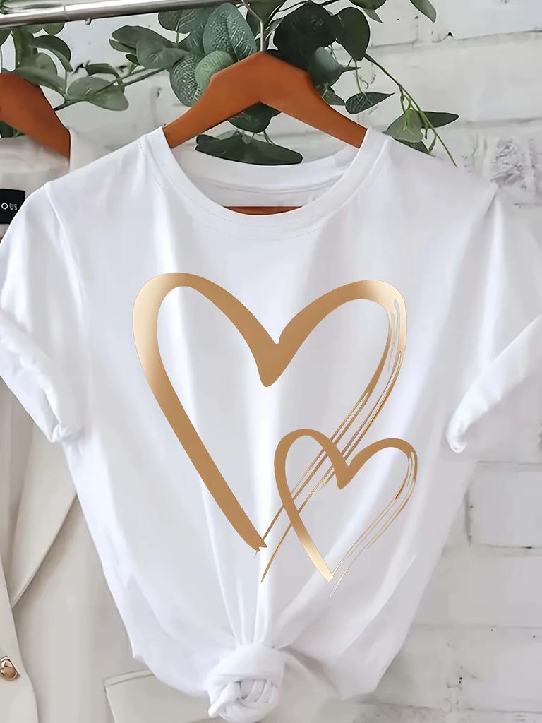 Blue Heart-Shaped Trendy Style Women's T-shirt Funny Cartoon Short-Sleeved Graphic T-Shirt Fashion Print for Casual Wear
