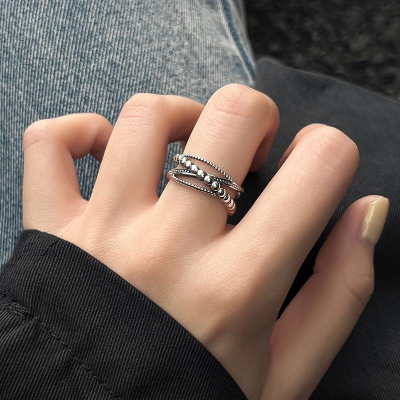 Women s Retro Intertwined Lines Open Ring with Round Beads Adjustable Open