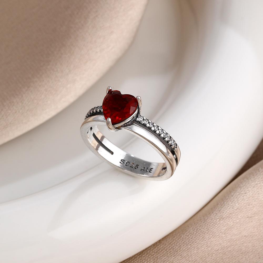 New 925 Sterling Silver Red Heart Stone Size 6 7 8 9 Love Ring Fine Rings Wedding Valentine's Day Fashion Jewelry for Women Gift